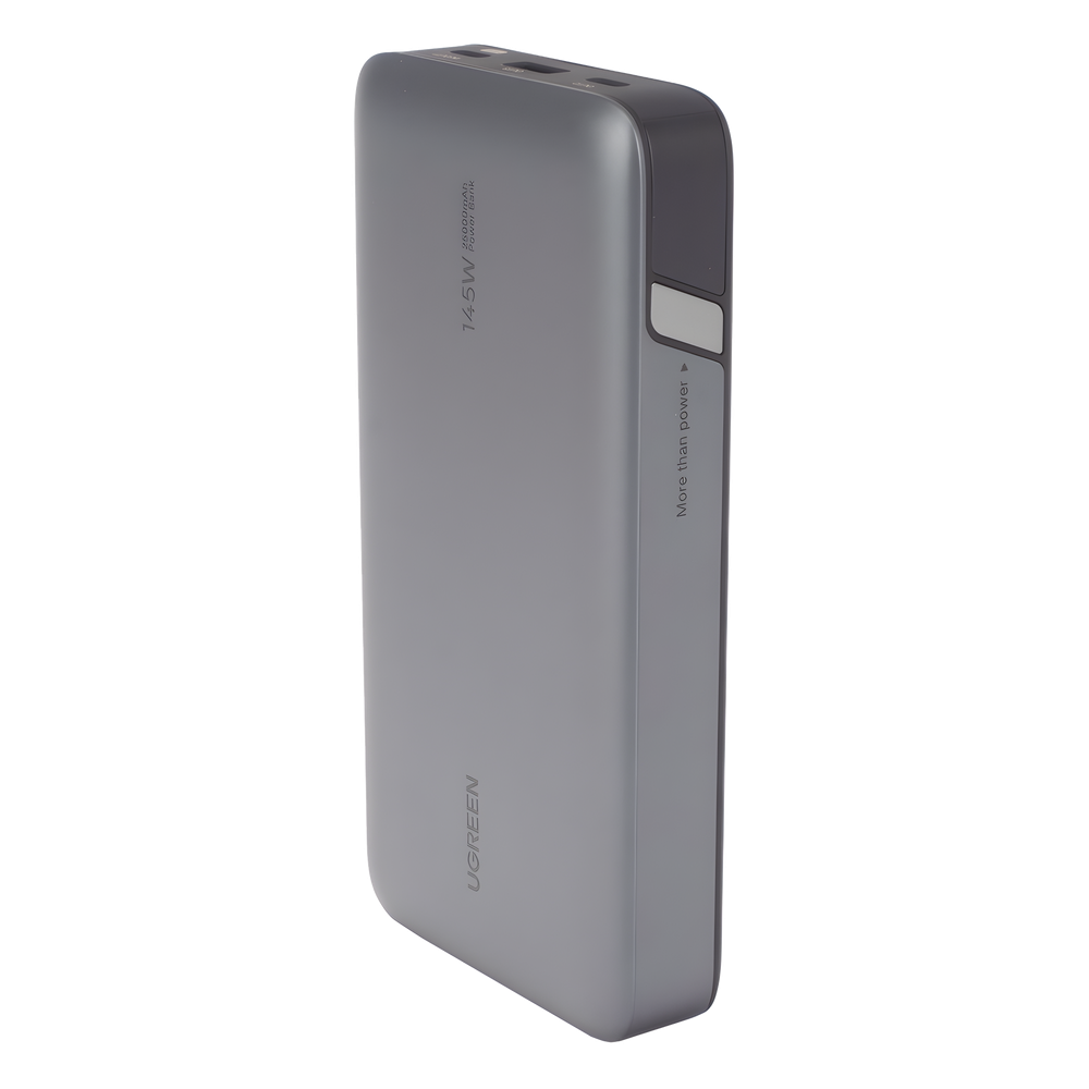 Power Bank de 25000mAh | 3 Salidas 145W Max. | USB-A + 2 USB-C | PD 3.0, QC3.0 | FCP | SCP | Pantalla Inteligente | Carcasa Ignifuga | Color Gris | Incluye Cable USB de 50cm | Carga tu Laptop de Manera Segura.