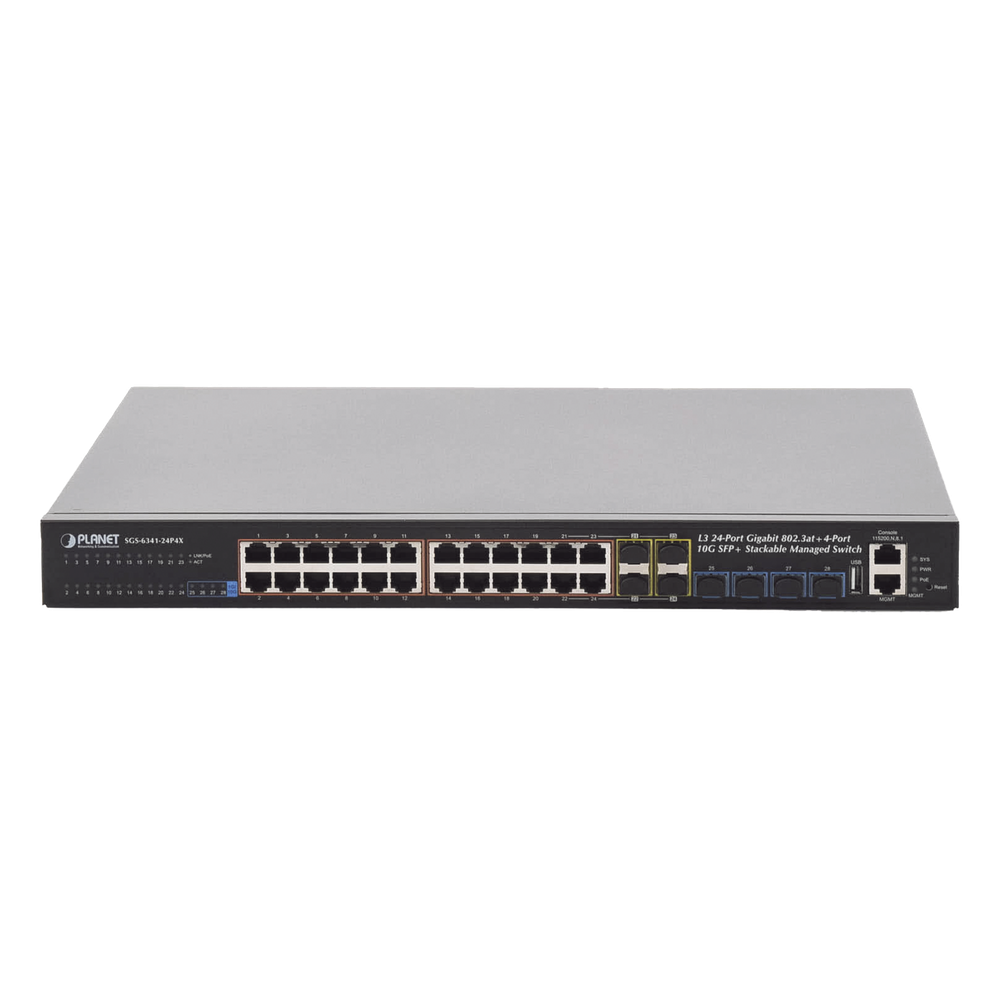 Switch Administrable Stacking Capa 3, 24 Puertos PoE 802.3af/at 10/100/1000T, Hasta 370 W,  4 Puertos 10G SFP+