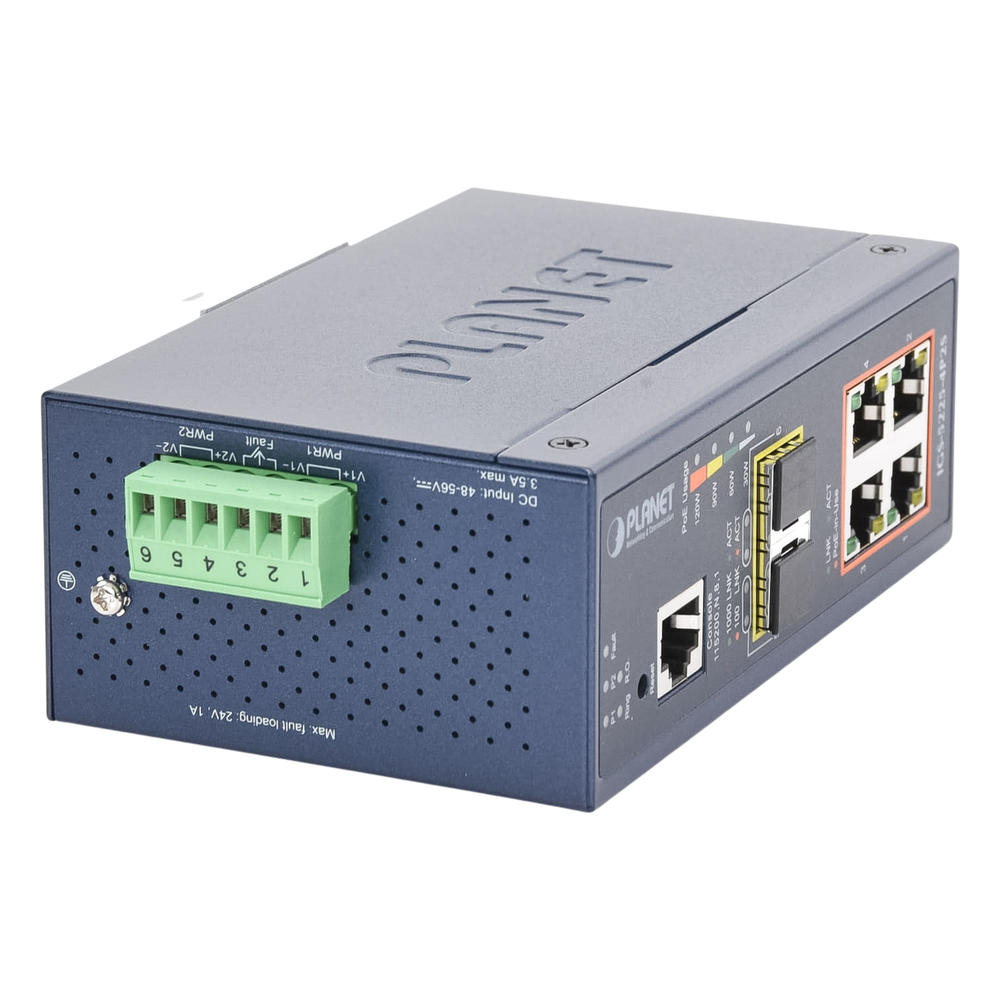 Switch Industrial Administrable Capa 2, 4 Puertos PoE 802.3af/at 10/100/1000T, 2 Puertos SFP 100/1000X