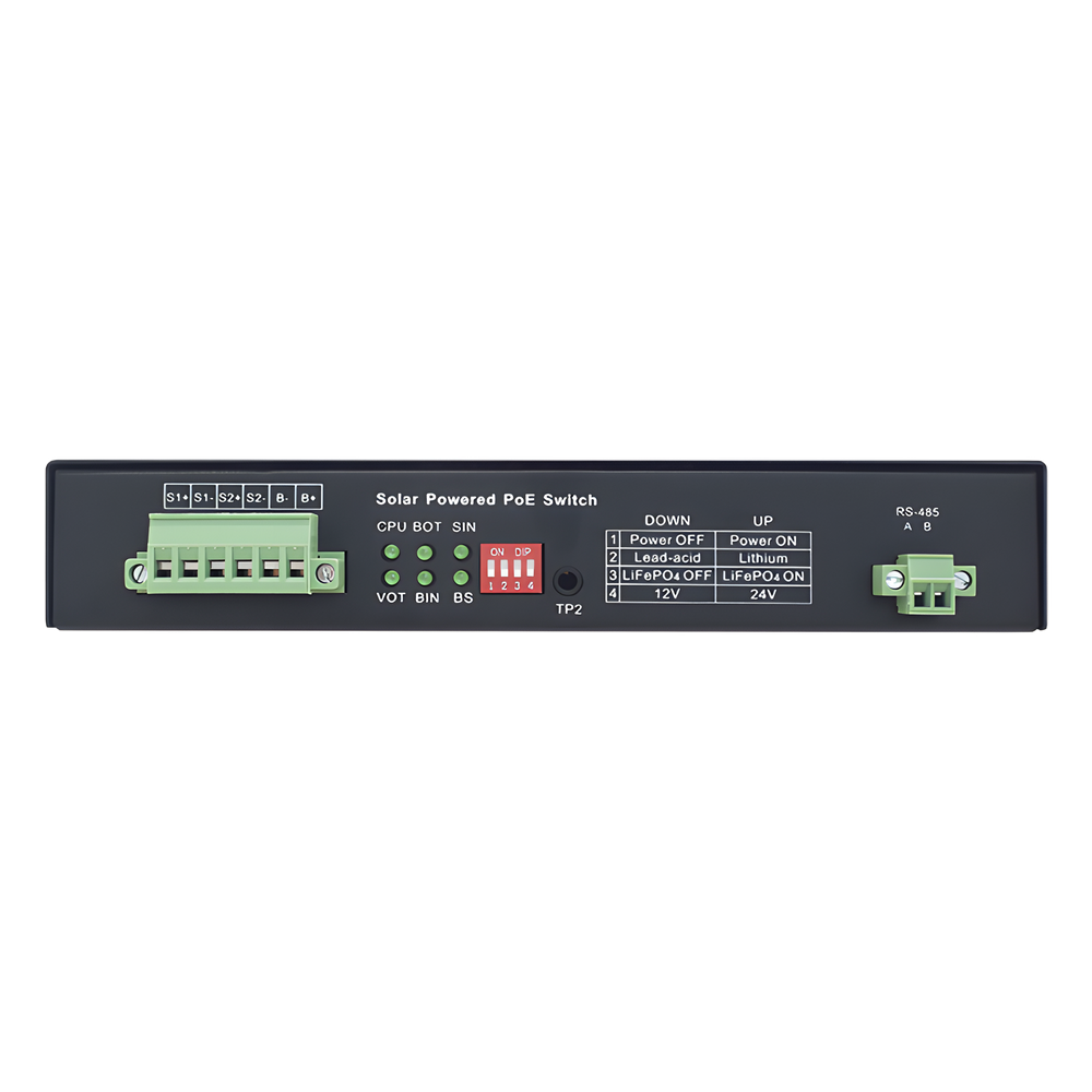 Controlador Solar de 15A con Switch PoE / 1 Puerto Gigabit PoE 802.3 bt / 2 Puertos PoE 802.3 af/at / 2 Puertos PoE Pasivo 24/48 Vcc / 1 Puerto SFP / No administrable