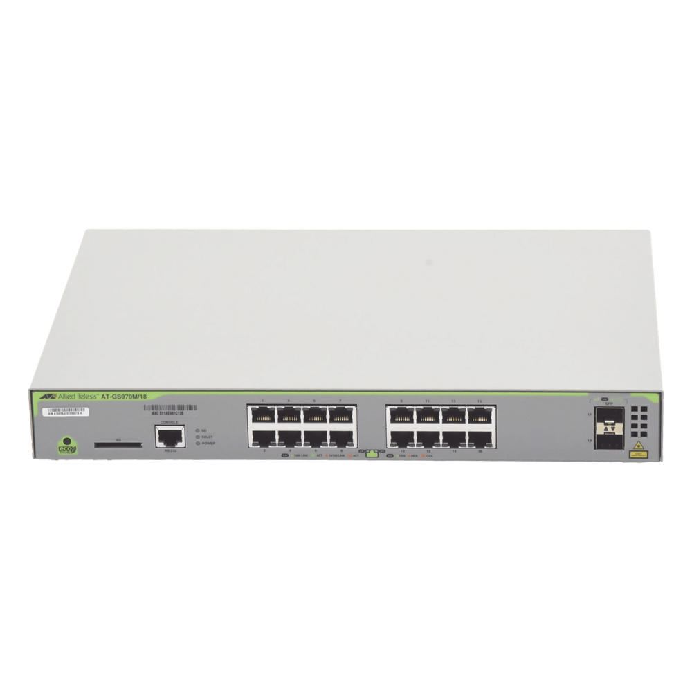 Switch Administrable CentreCOM GS970M, Capa 3 de 16 Puertos 10/100/1000 Mbps + 2 puertos SFP Gigabit