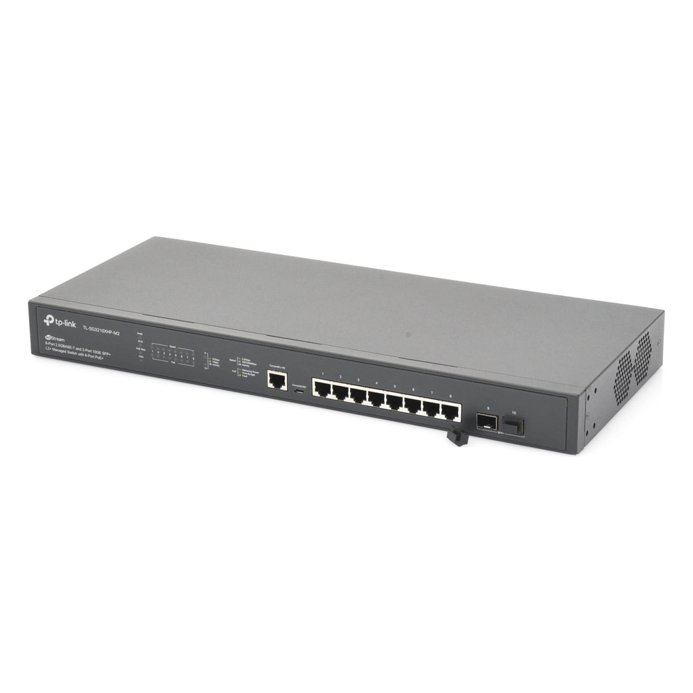 Switch L2+ Omada PoE+ / 8 Puertos PoE+ MultiGigabit 2.5G / 2 Puertos SFP+ 10G / 2 Puertos Consola (RJ45 y microUSB) / Administración Centralizada Omada o Stand-Alone / Multicast IGMP / Presupuesto PoE 240W / Montaje en Rack / (SG3210XHPM2)