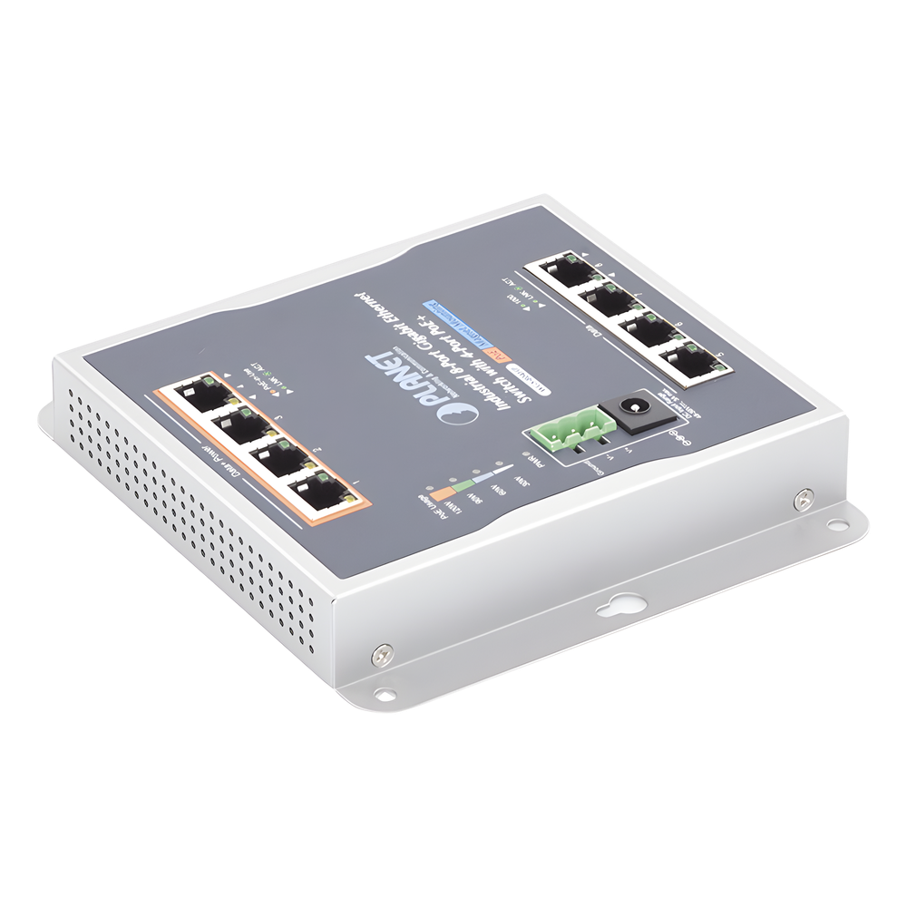 Switch Industrial No Administrable, Múltiple Montaje (Pared, Riel DIN y Magnético), 8 Puertos Gigabit con 4 puertos PoE 802.3at, Hasta 120 W.
