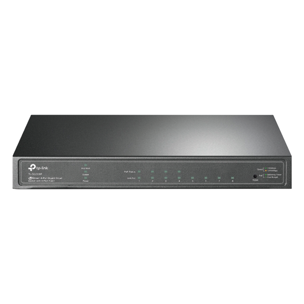 Switch Omada / 8 Puertos Gigabit  / 4 Puertos PoE+ 802.3at/af / Presupuesto PoE 62 W / 30 W por Puerto / Gestión Cloud Omada / L3 Static Routing / Sin Ventilador / Metal