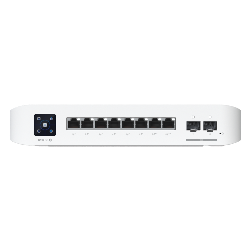 Switch UniFi Pro 8 PoE Administrable Capa 3, 8 puertos GbE / (6) puertos POE+ af/at y (2) puertos POE++ 802.3bt / (2) puertos SFP+ 10G / 120W de presupuesto POE