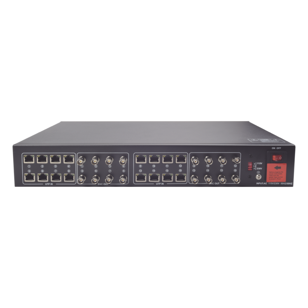 Kit de TRANSCEPTOR ACTIVO DE 16 Canales / VIDEO+PODER en un solo Cable UTP / 150m en 4K, 200m en 5 MP/ Envía 36 Vcc y recibe 12 Vcc / TODO INCLUIDO PARA RACK / Compatible con cámaras HD-TVI/CVI/AHD/CVBS / Instalación Limpia