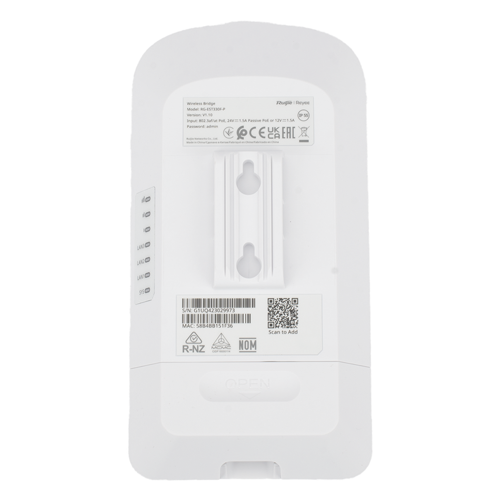 CPE Puente Inalámbrico Punto a Punto / Wi-Fi 5 802.11ac Wave2 867 Mbps / Antena 13 dBi MIMO 2x2 / 2 Puertos PoE Out 802.3AF / Enlace 3 km (1.86 mi) / IP55 Exterior / Ruijie Reyee