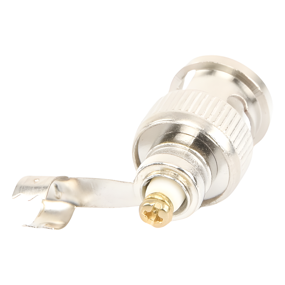 Conector BNC macho en 75 Ohm, para cable coaxial RG-59 / Con base de alivio negra de PVC, Níquel/ Oro/ PTFE.