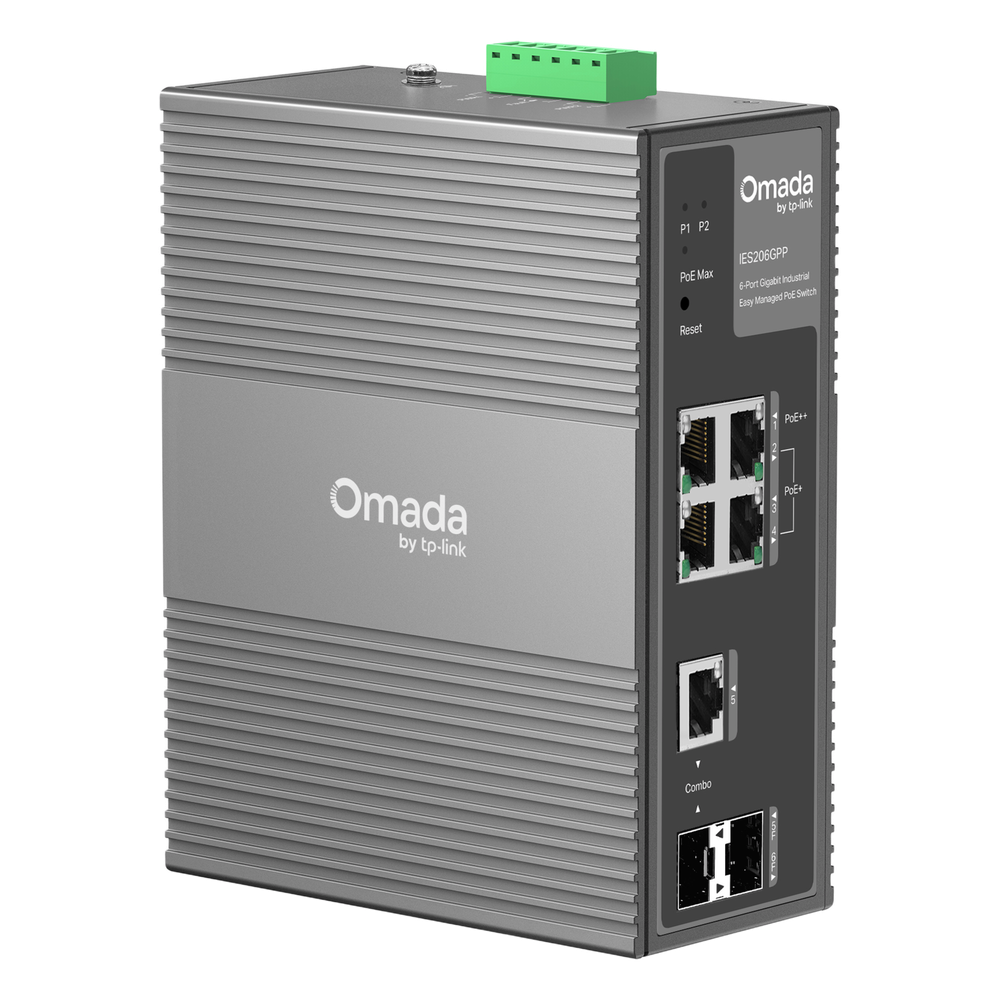 Switch Industrial Easy Managed / 6 Puertos Gigabit (4 PoE) / 120W PoE Budget / IP40 / -40°C a 75°C / 6kV Protección Rayos / Cloud Management Omada / DIN-Rail