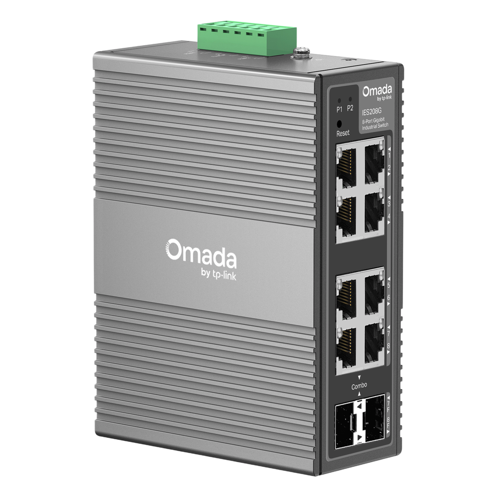 Switch Industrial Omada Easy Managed / 8 Puertos Gigabit (6× RJ45 + 2× RJ45/SFP Combo) / 16 Gbps Switching / -40°C a 75°C / Protección Rayos 6kV / Gestión Cloud / Montaje DIN Rail o Pared / IP40