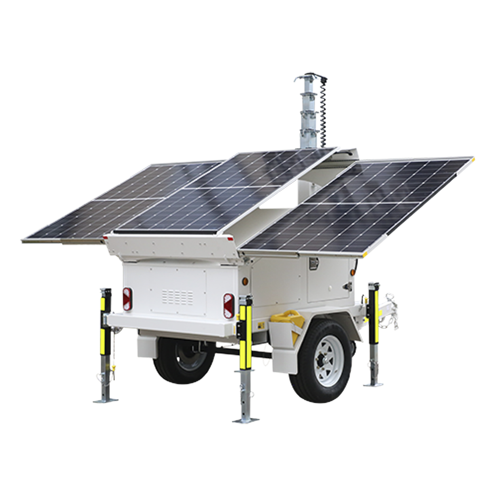 Traila / Remolque con Mástil Retráctil de 7.5 m. para Videovigilancia o Iluminación, con Bases para Instalar Paneles Solares y Baterías (No incluidos)