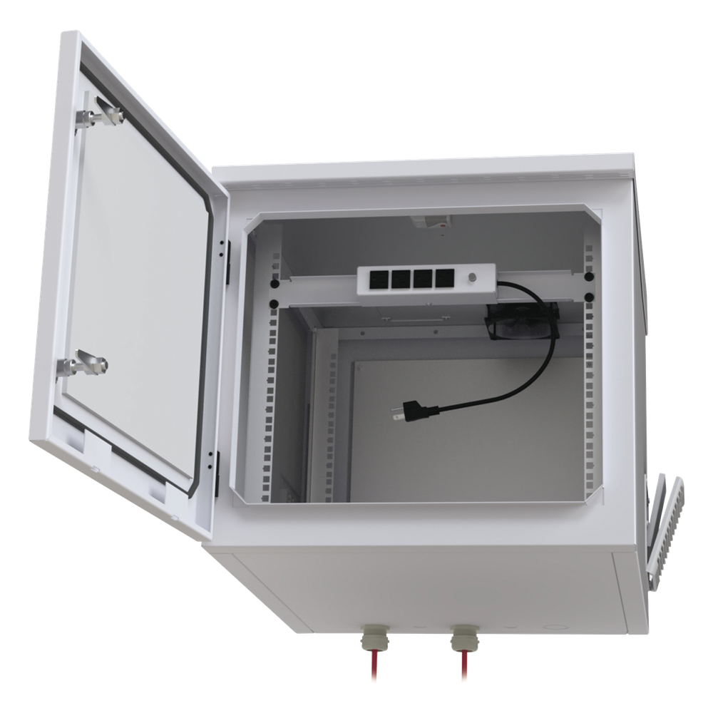 Gabinete PROFUNDO hasta 705 mm  de profundidad, de Exterior de 9UR con Ventiladores y Termostato, Se envía el Gabinete Armado, (Montaje a poste o torre se vende por separado).