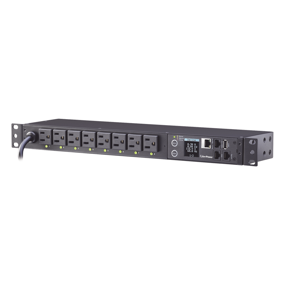 PDU Switchable por Toma, Para Distribución de Energía, Entrada 120 Vca NEMA 5-15P, Con 8 Salidas NEMA 5-15R, Horizontal 19in, 1UR