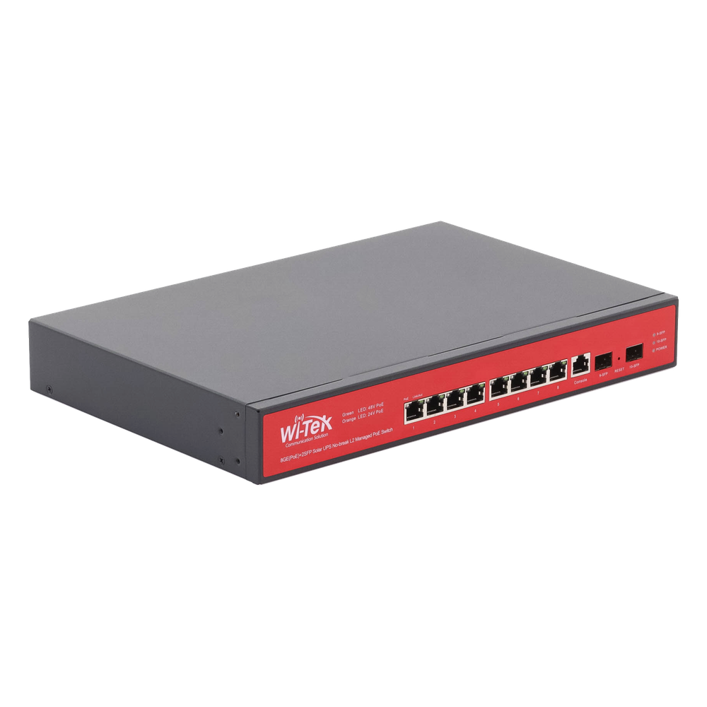 Switch Administrable Capa 2 de 8 puertos 10/100/1000 PoE af/at + 2 x SFP Gigabit, con respaldo para energía solar