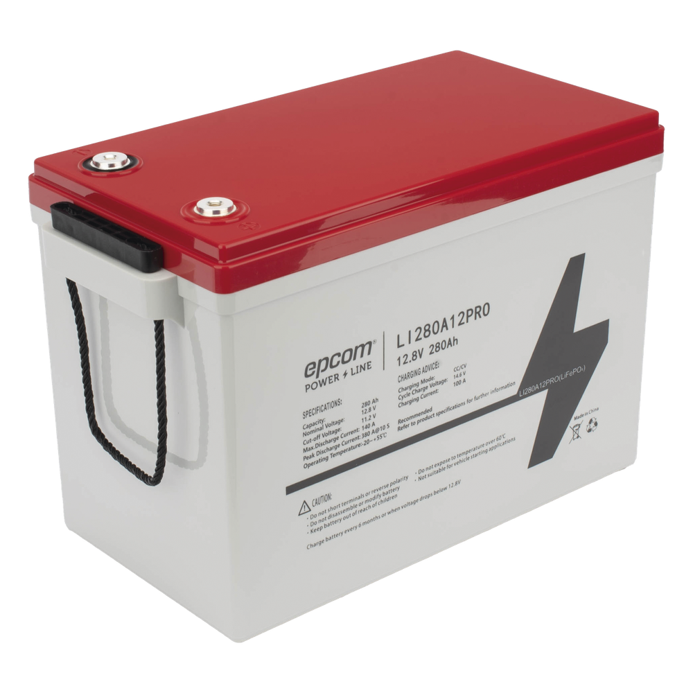 Batería de Litio Ciclo Profundo / 12.8 Vcc 280Ah (3.58 kWh) / LiFePO4 / 6000 Ciclos / Descarga 140A / Carga Rápida 100A / Solar y Marina / BMS con Corte a 11.2V
