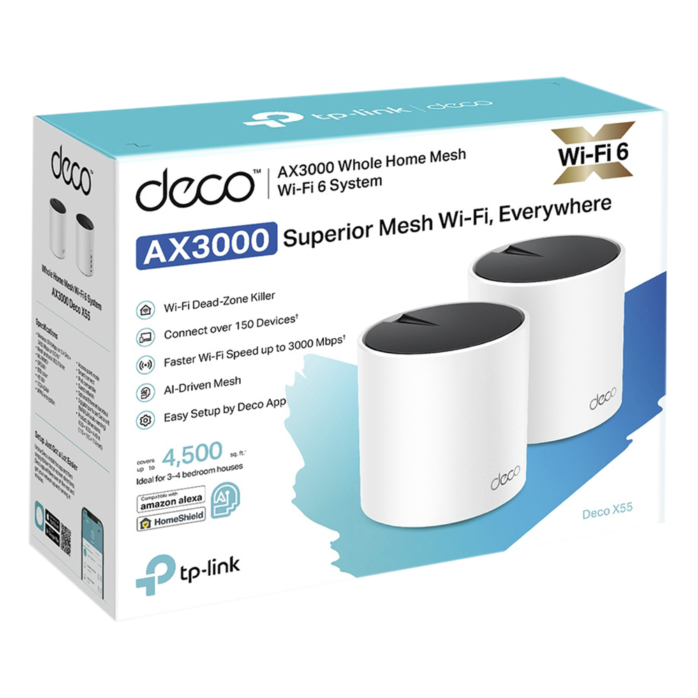 Kit 2 Routers Inalámbricos MESH Interior para Hogar / Doble Banda Wi-Fi 6 AX3000 Mbps / 3 Puerto Gigabit WAN/LAN / 2 Antenas Internas / Administración Mediante la App Deco (iOS, Android) / Protección HomeShield