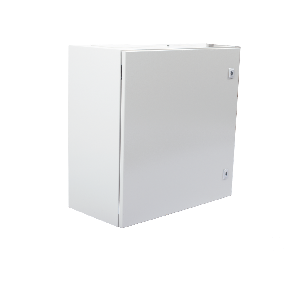 Gabinete de Acero IP66 Uso en Intemperie (600 x 600 x 300 mm) con Placa Trasera Interior Metálica y Compuerta Inferior Atornillable (Incluye Chapa y Llave T).