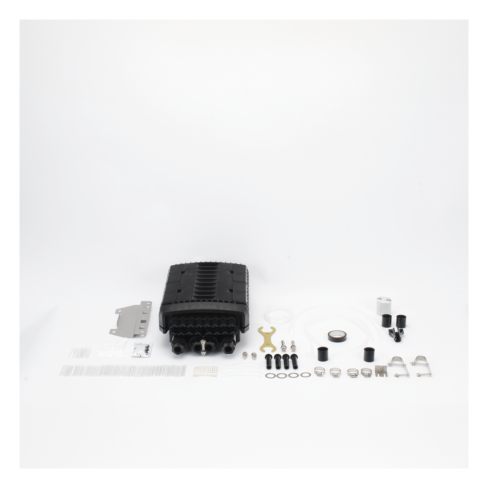 Caja de Distribución de Fibra Óptica para 24 Empalmes con 16 Acopladores SC/APC. Enterrado Directo, IP68, Splitter 1x8 Incluido con Conectores SC/APC