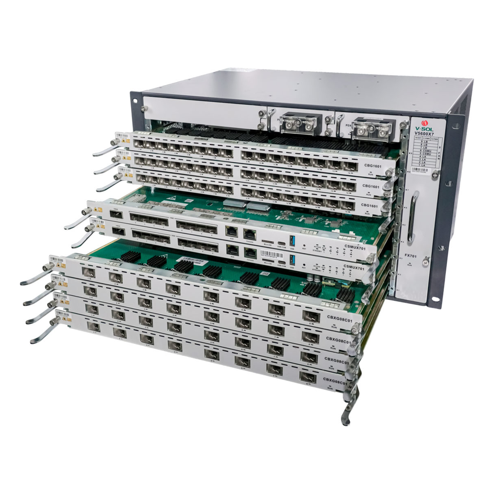 OLT Modular tipo Chasis GPON/XGS-PON Combo, 7 Ranuras de Servicio, Incluye 1 Tarjeta de Servicio de 16 puertos GPON