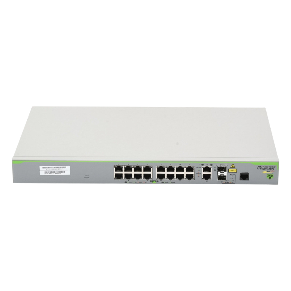 Switch PoE+ Administrable CentreCOM FS980M, Capa 3 de 16 Puertos 10/100 Mbps + 2 puertos RJ45 Gigabit/SFP Combo, 250W