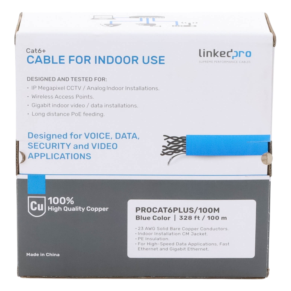 Cable Cat6+ Calibre 23 Alto Rendimiento, ETL, UL, Color Azul, de 100 Metros (328.08 Pies), Super Flexible, para Aplicaciones de CCTV, Video HD, y Redes de Datos.