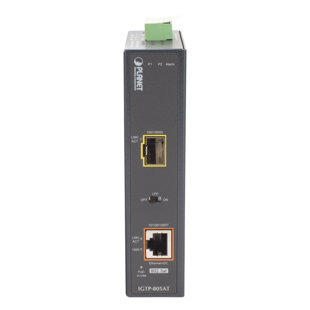 Convertidor de Medios PoE Industrial, Puerto SFP 1000BASE-SX/LX a Puerto RJ45 Gigabit con Salida PoE 802.3at (Hasta 30 W).