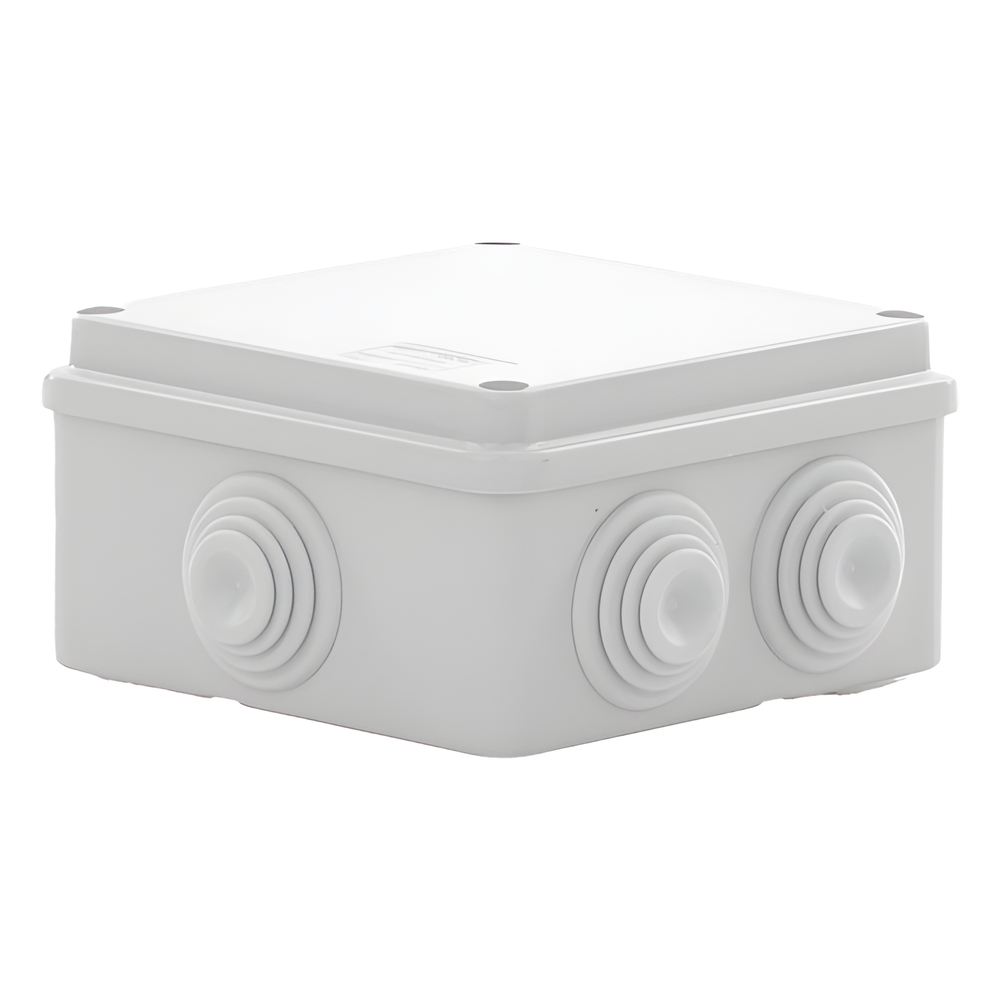 Caja Estanca de PVC Para Derivación y Conexión, 6 Entradas, Tapa Atornillada,100x100x50 mm (Área Interna), Uso Exterior IP55, Material que no Propaga el Fuego y Libre de Hálogenos