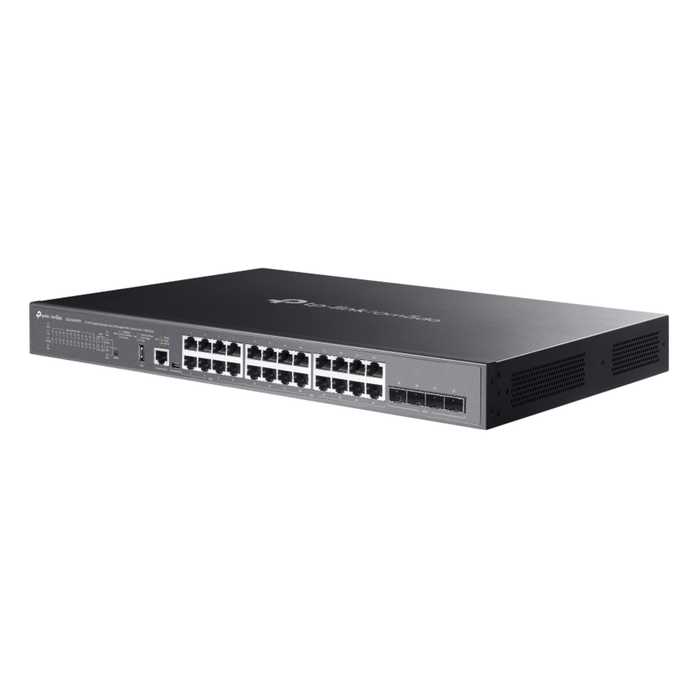 Switch Omada L3 SDN Administrable / 24 puertos PoE af/at Gigabit y 4 puertos SFP+ / Presupuesto PoE 720W / Funciones RIP, VRRP, Servidor DHCP / Administración centralizada OMADA / Fuente Redundante