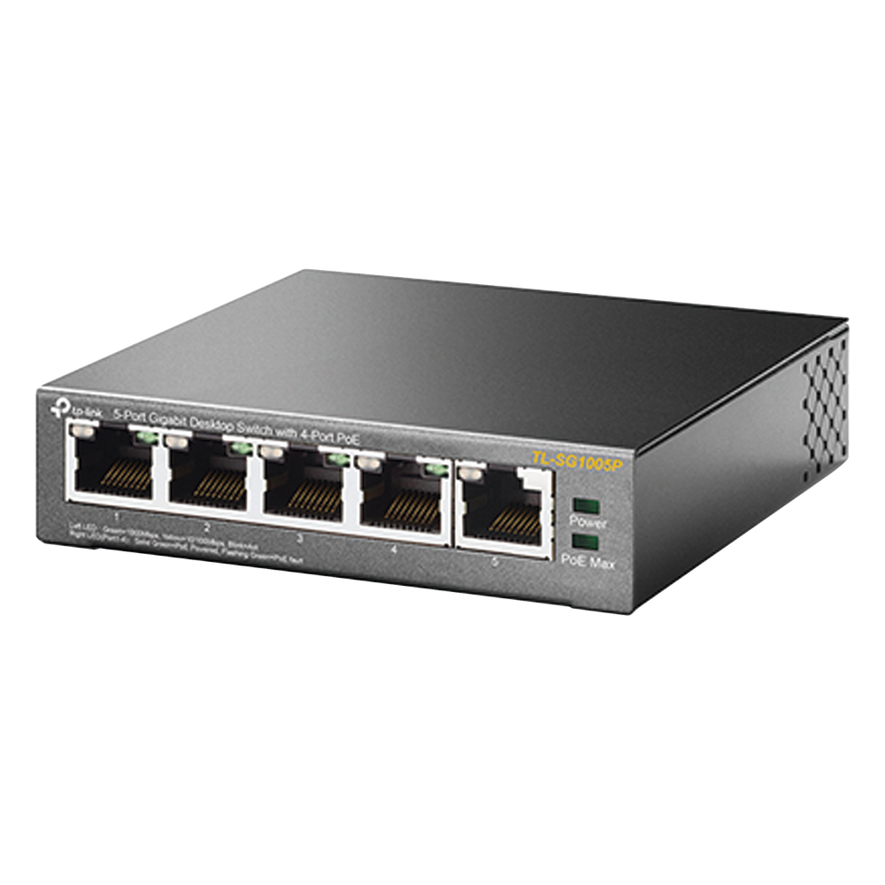 Switch Escritorio No Administrable de 5 puertos 10/100/1000 Mbps / Con 4 puertos PoE 802.3af/at de hasta 65 W / PoE Extendido hasta 250 metros