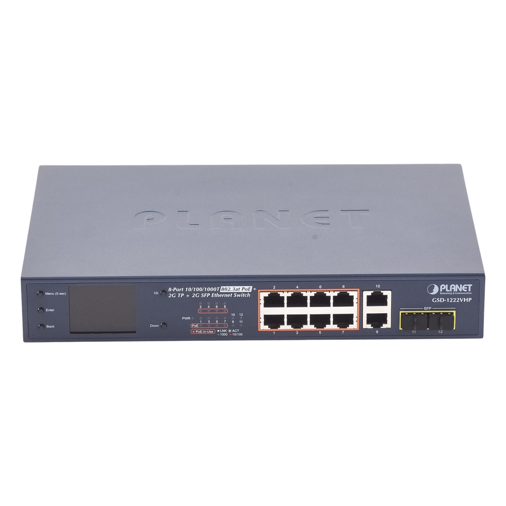 Switch No Administrable 8 Puertos Gigabit con Modo Extender a 250 m,  2 Puertos Uplink 10/100/1000 Mbps, 2 Puertos SFP