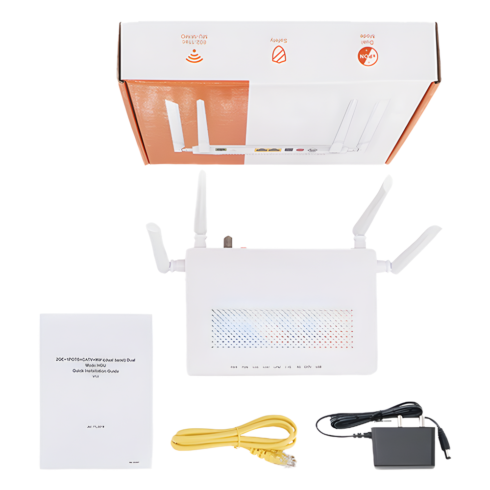 ONU Dual GPON/EPON / Wi-Fi Doble Banda 2.4 y 5 GHz / Soporta MESH / 2 Puertos Gigabit / 1 Puerto PON SC/APC / 1 puerto CATV / Hasta 1200 Mbps vía Wi-Fi