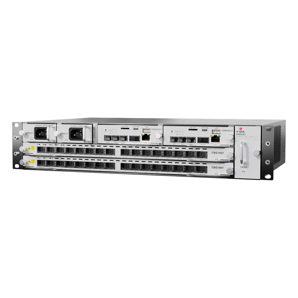 OLT Modular tipo Chasis GPON/XGS-PON Combo,1 Tarjeta de Servicio de 16 Puertos GPON, 2 Ranuras, 2 Fuentes de Alimentación AC, 2 UR