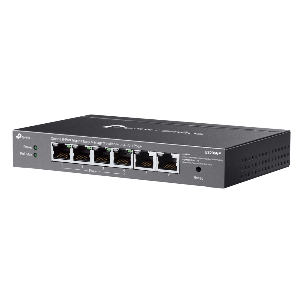 Switch Omada 6 Puertos Gigabit / 4 Puertos PoE+ 65W / Gestión Cloud SDN / Sin Ventiladores / QoS / VLAN / IGMP Snooping / 250 m PoE