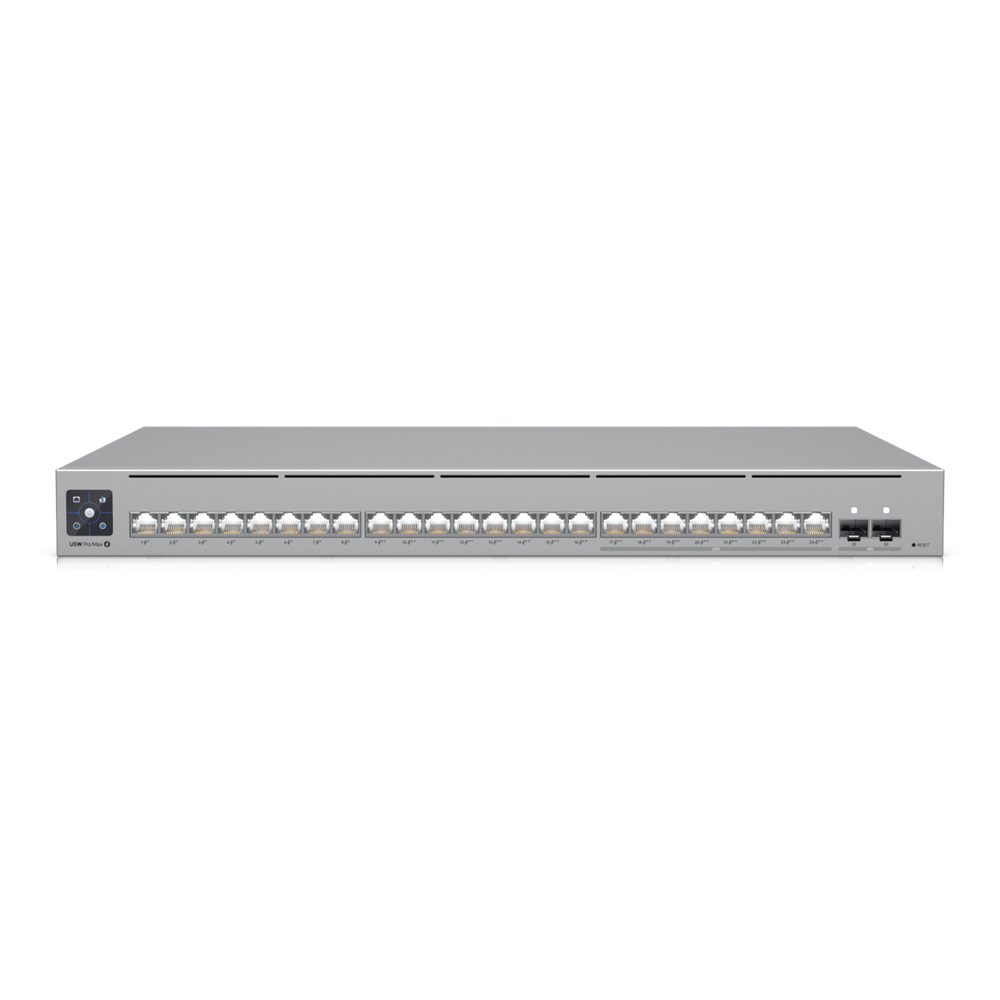 UniFi Switch Pro Max 24 POE, 24 puertos (8 puertos POE++ 2.5 GbE y 16 puertos GbE POE+), 2 puertos SFP+ 10G, 400W, pantalla táctil