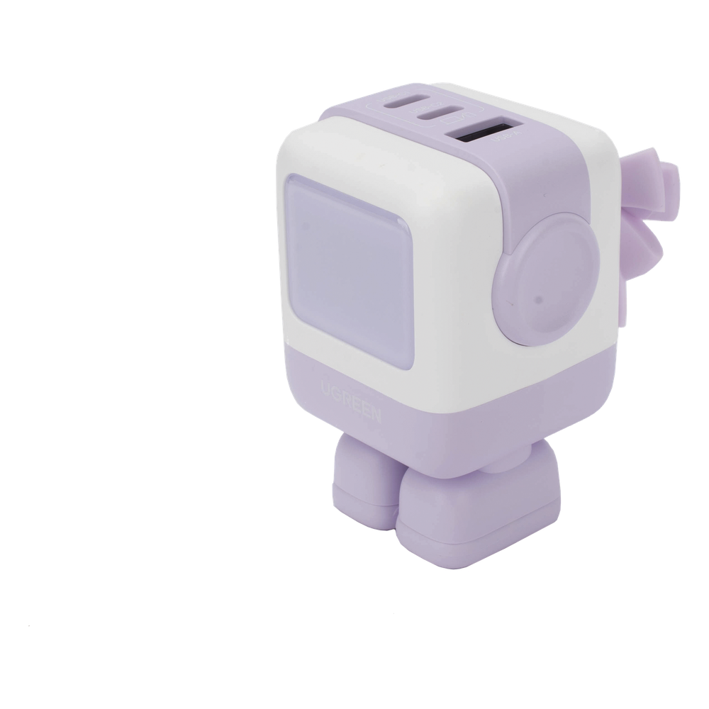 Cargador RobotGaN de 65W Serie UNO | 3 Puertos de Carga Rápida | 2 USB-C | 1 USB-A | PD 3.0 | QC 4.0 | Carga Inteligente | Tecnología GaN II | Zapato Magnético Extraíble | Carcasa Ignífuga | Pantalla LED