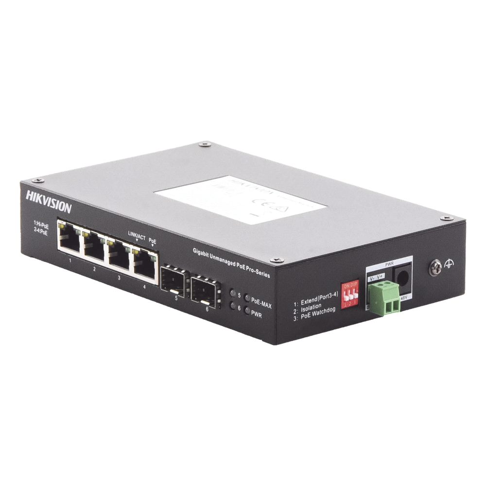 Switch Industrial No Administrable Gigabit / 3 Puertos Gigabit PoE+ (30 W) + 1 Puerto Gigabit PoE++ (60 W) / 2 Puertos SFP / 65 W Total / 48 a 57 VCD / Ideal para Proyectos / 300 Metros de Distancia