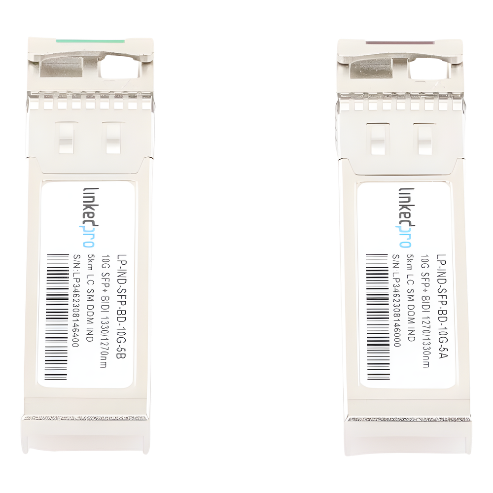 Transceptores Ópticos Industriales Bidireccionales SFP+ (Mini-Gbic) / Monomodo 1270 & 1330 nm / 10 Gbps / 10GBASE / Conector LC/UPC Simplex / DDM / Hasta 5 km / 2 Piezas