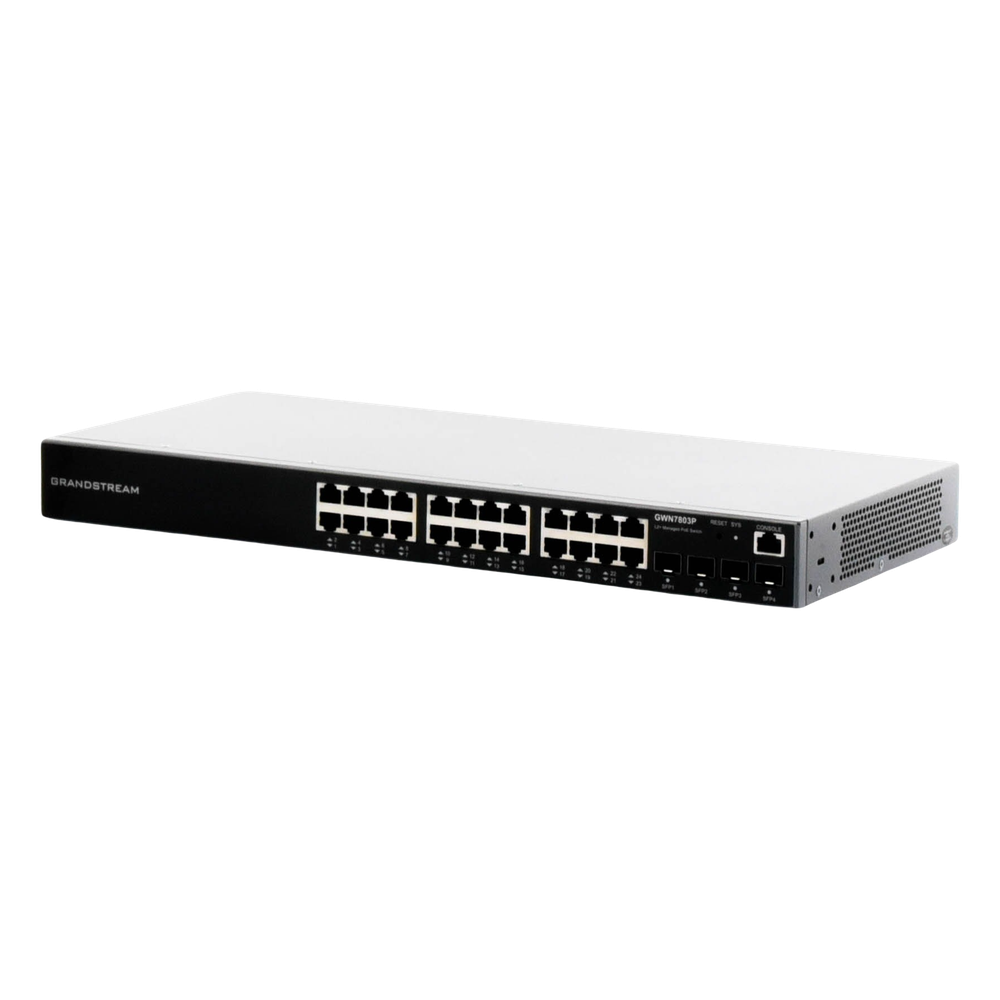 Switch PoE+ Administrable / 24 Puertos 10/100/1000 Mbps + 4 SFP / 360W PoE Total / Switching 56 Gbps / Cloud GWN Sin Costo / Montable en Rack
