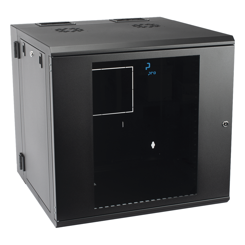 Gabinete Abatible de Pared (Con Marco Trasero) con Rack 19" de 12 Unidades. Ventana de Cristal Templado.