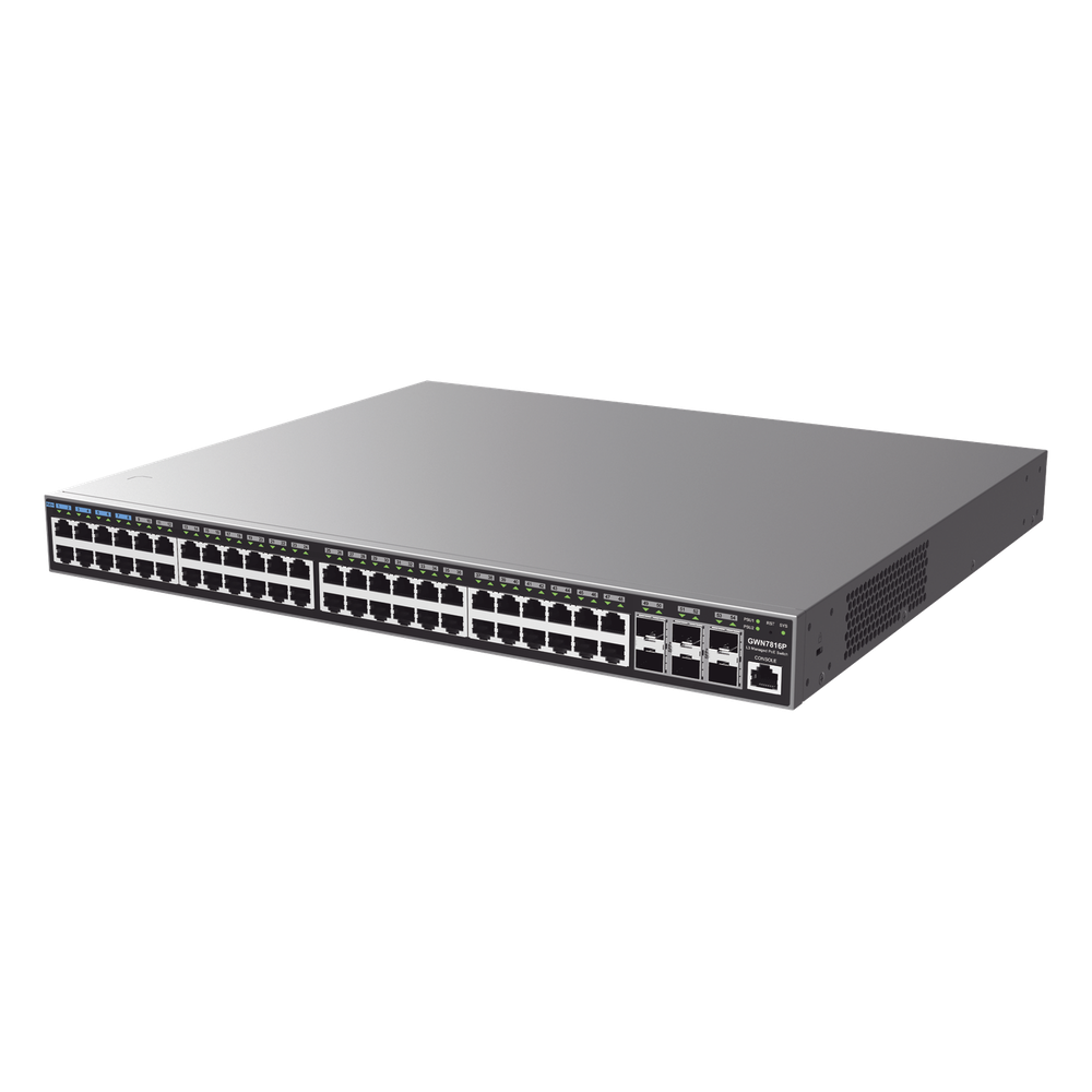 Switch Capa 3 PoE+ Administrable / 48 puertos 10/100/1000 Mbps + 6 Puertos SFP+ de 10 Gigabits / Hasta 740W / Compatible con GWN Cloud.
