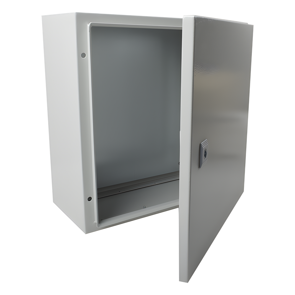 Gabinete de Acero IP66 Uso en Intemperie (250 x 300 x 150 mm) con Placa Trasera Interior Metálica y Compuerta Inferior Atornillable (Incluye Chapa y Llave T).
