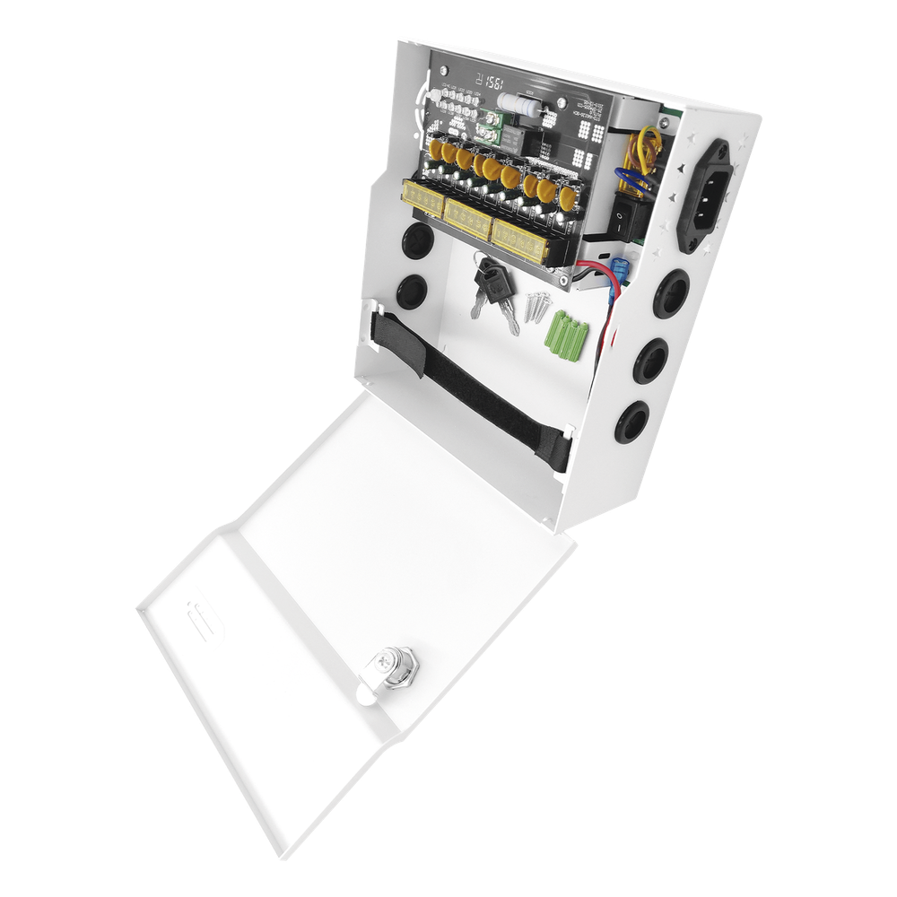 Fuente de Poder con ajuste de voltaje de 11- 15 Vcc / 10 A / 9 Salidas / Capacidad de Batería de Respaldo / Requiere Batería / Voltaje de Entrada 96-264 Vca