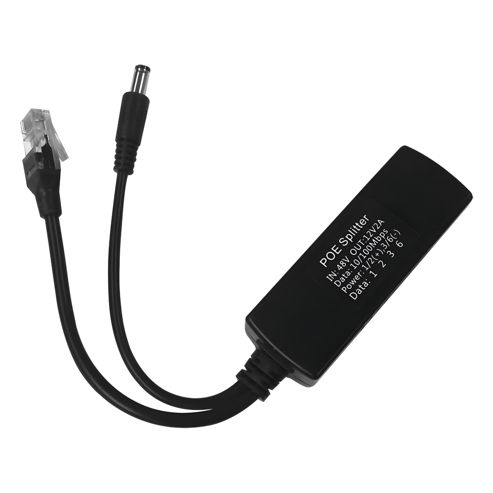 Cable divisor PoE pasivo de 48-55 Vcc @ 12 Vcc, 2 A. Aplicaciones como adaptar micrófonos en cámaras IP