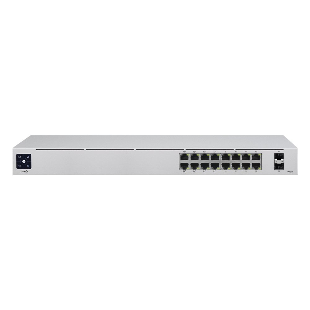 UniFi Switch USW-16-POE Gen2, Capa 2 de 16 puertos (8 puertos PoE 802.3af/at + 8 puertos Gigabit) + 2 puertos 1G SFP, 42W, pantalla informativa