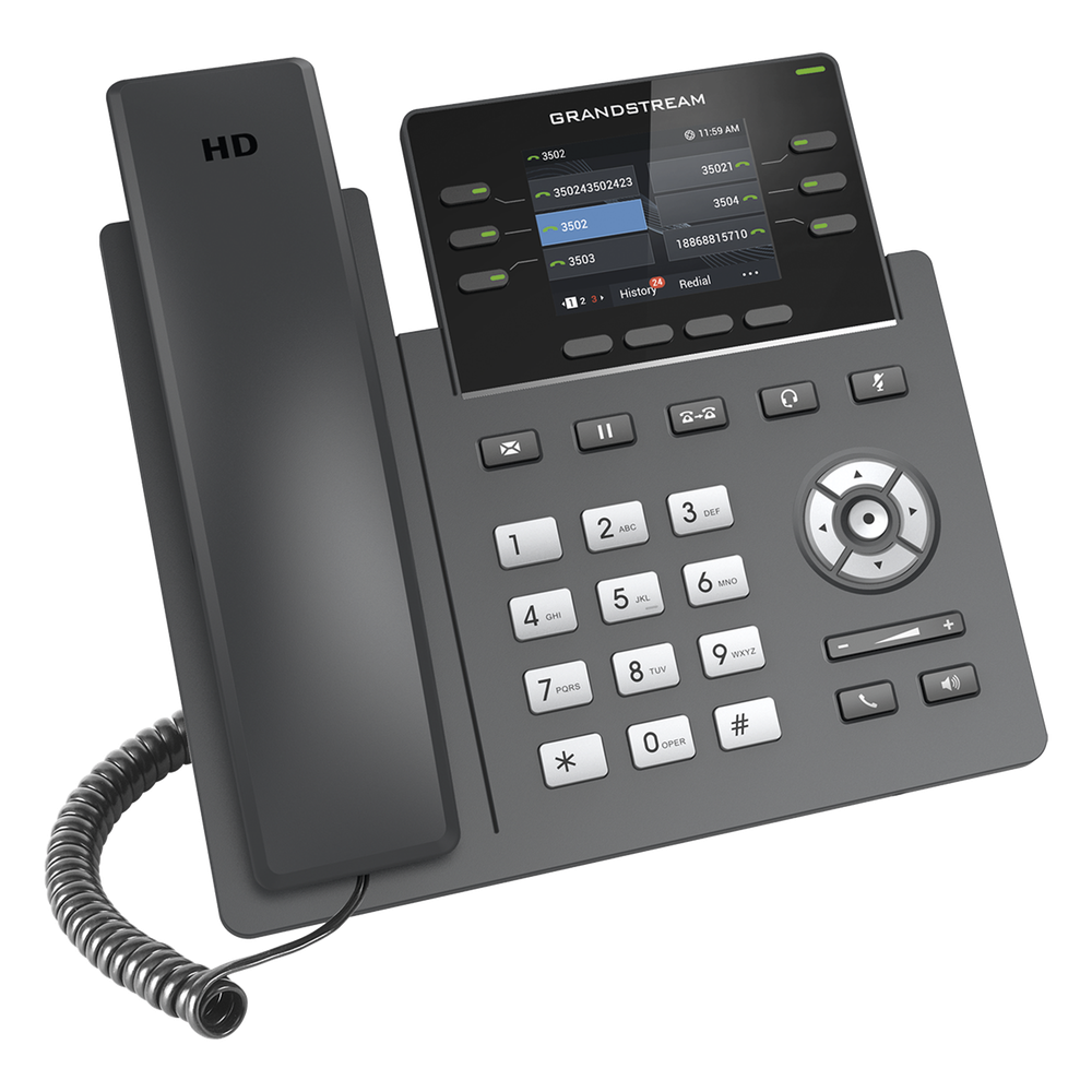 Teléfono IP Grado Operador, 3 líneas SIP con 6 cuentas, puertos Gigabit,PoE,  pantalla a color 2.4", codec Opus, IPV4/IPV6 con gestión en la nube GDMS