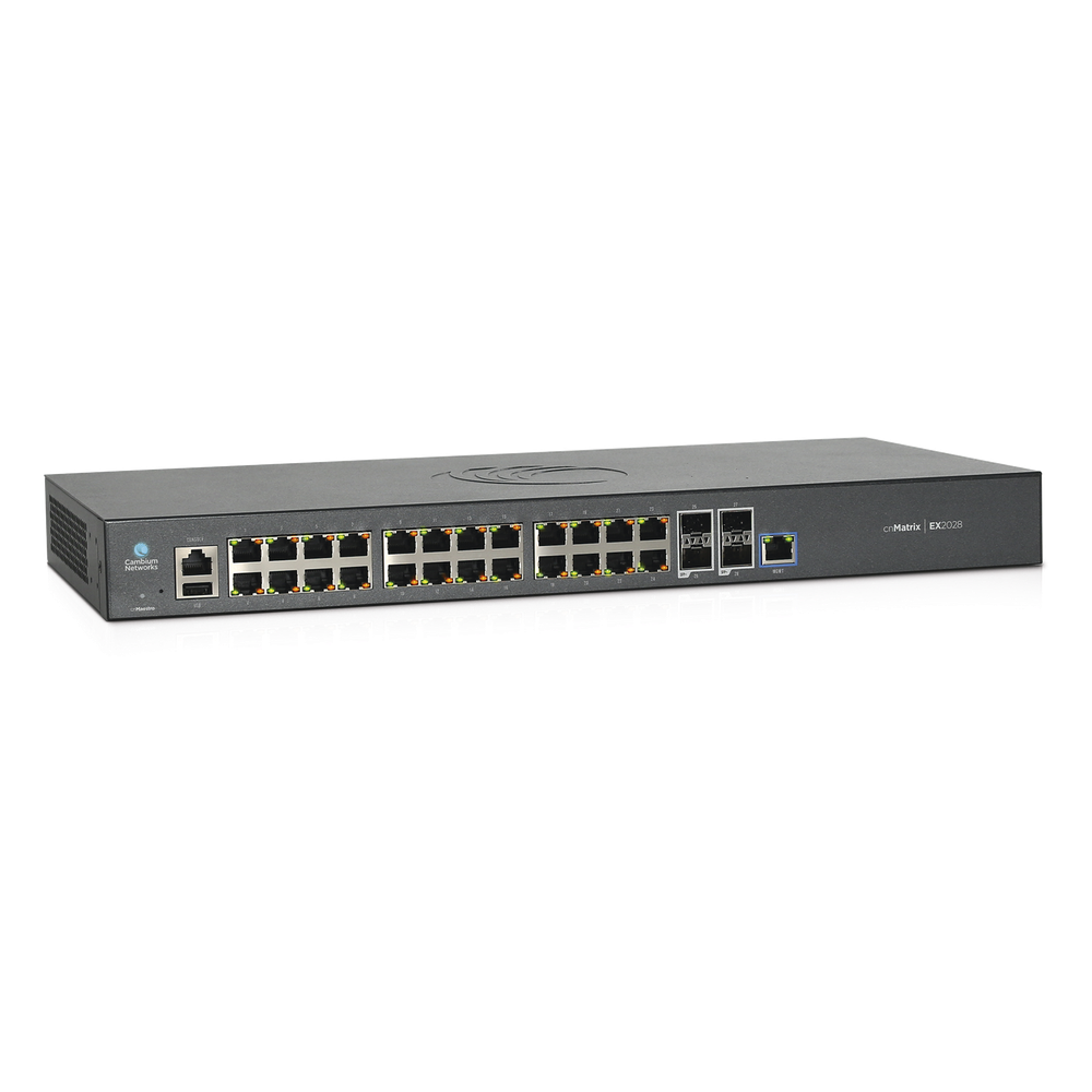 Switch cnMatrix EX2028-P capa 3 de 28 puertos (24 PoE Gigabit 802.3af/at, 4 SFP+) administración desde la Nube (MX-EX2028PxB-U)