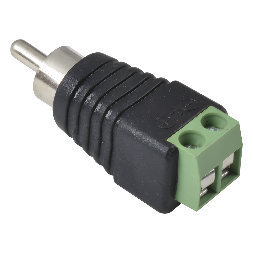 Adaptador RCA Macho Tipo Jack Polarizado / Terminales Tipo Tornillo / Polarizado (+/-) / Recomendado para Video y Audio en Sistemas de Video Vigilancia a 2 Hilos