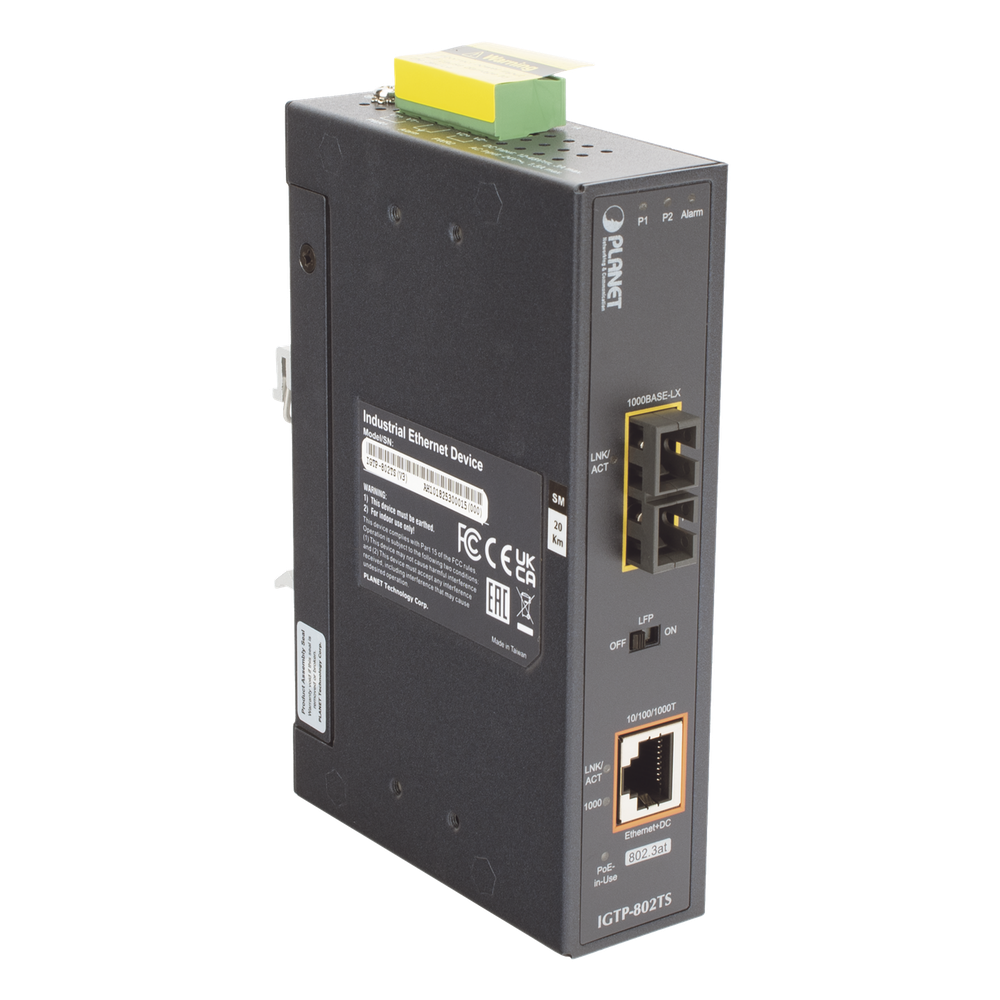 Convertidor de Medios Industrial PoE+ 1000BASE-LX a 10/100/1000BASE-T 802.3at (SC,SM) -20 km
