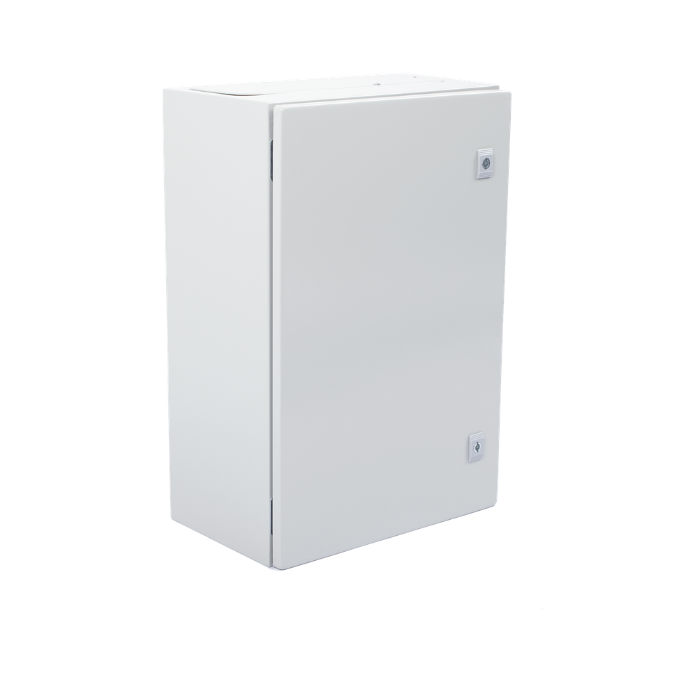 Gabinete de Acero IP66 Uso en Intemperie (400 x 600 x 250 mm) con Placa Trasera Interior Metálica y Compuerta Inferior Atornillable (Incluye Chapa y Llave T).