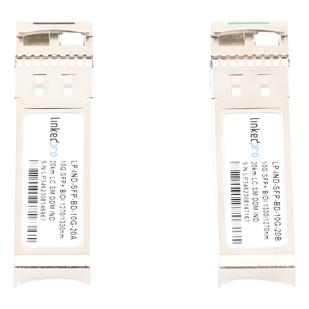 Transceptores Ópticos Industriales Bidireccionales SFP+ (Mini-Gbic) / Monomodo 1270 & 1330 nm / 10 Gbps / 10GBASE / Conector LC/UPC Simplex / DDM / Hasta 20 km / 2 Piezas